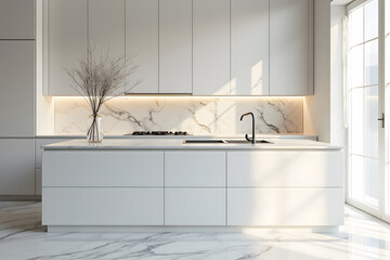 An ultra-modern minimalist kitchen with full marble backsplash and countertop, marble floors, and seamless white cabinetry