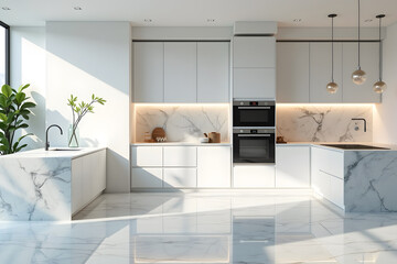 An ultra-modern minimalist kitchen with full marble backsplash and countertop, marble floors, and seamless white cabinetry