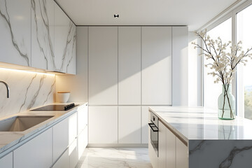 An ultra-modern minimalist kitchen with full marble backsplash and countertop, marble floors, and seamless white cabinetry