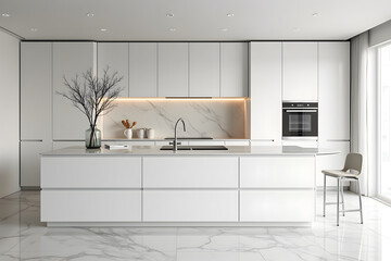 An ultra-modern minimalist kitchen with full marble backsplash and countertop, marble floors, and seamless white cabinetry