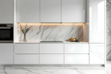 An ultra-modern minimalist kitchen with full marble backsplash and countertop, marble floors, and seamless white cabinetry