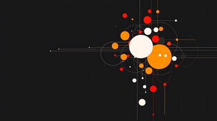 Obraz premium Abstract Geometric Design with Orange Red and White Circles Lines on Black Background Modern Art Wallpaper