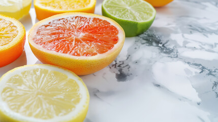 Vibrant Sliced Citrus Fruits on Marble A Stunning Display of Oranges, Lemons, and Limes