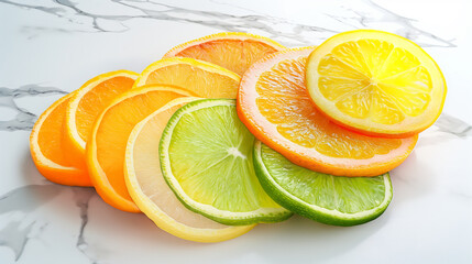 Vibrant Citrus Fruit Slices A Stunning Display of Oranges, Lemons, and Limes on Marble