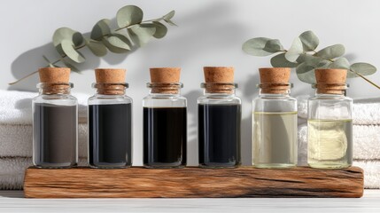 Spa Products  Dark Glass Bottles  Cork  Wooden Shelf  Eucalyptus  Essential Oils