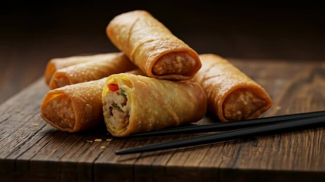 Crispy spring rolls on wooden board