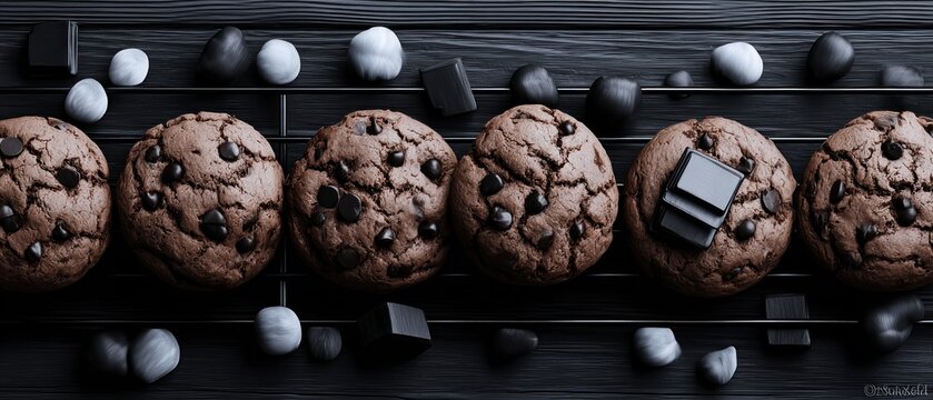 Dark chocolate chip cookies on a cooling rack