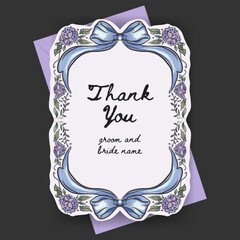 Thank you card design with whimsical hydrangea flower and ribbon bow illustration. perfect for wedding, valentine, mother days, label or cover.