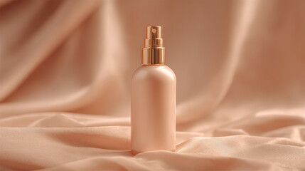 Naklejka premium Minimalist bottle with rose gold sprayer sits elegantly against soft, draped fabric background, creating serene and sophisticated atmosphere