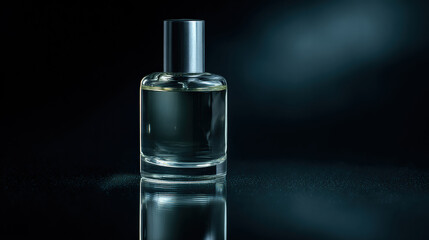 Minimalist luxury glass bottle filled with clear liquid, elegantly reflecting light against dark background, evokes sense of sophistication and simplicity