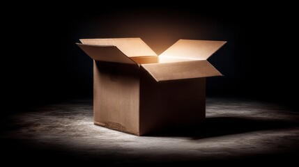 Open Cardboard Box  Mystery   Illuminated Interior  Dark Background   Studio Shot