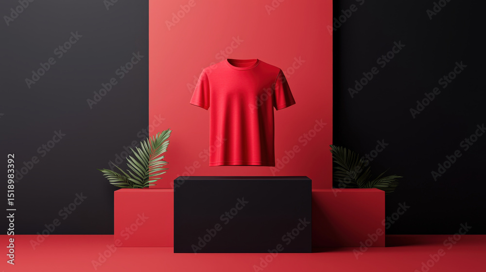 Poster red t shirt is suspended in modern, minimalist setting with contrasting red and black geometric back