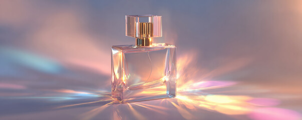 Stunning abstract perfume bottle is illuminated with glowing geometric shadows, creating captivating visual effect. elegant design and soft colors evoke sense of luxury and sophistication
