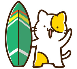 サーフィンボードを持って挨拶するかわいいねこのキャラクターのデフォルメイラスト