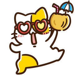 トロピカルなココナッツジュースを片手にはしゃぐパリピなねこのキャラクターのデフォルメイラスト
