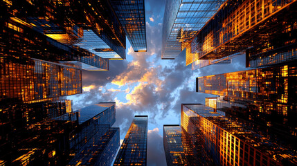Looking up at cluster of modern skyscrapers with reflective glass facades, buildings are illuminated by warm sunset glow against backdrop of vibrant sky with scattered clouds
