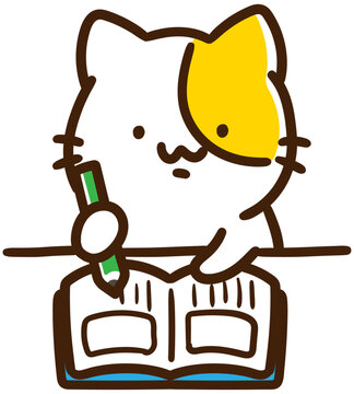 席について絵日記を書くかわいいねこのキャラクターの上半身イラスト