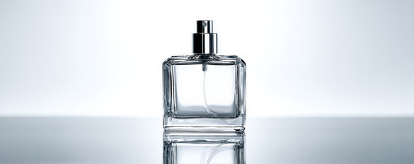 Refined bottle of perfume is elegantly displayed against soft gradient background, showcasing its sleek design and reflective surface. image captures essence of luxury and sophistication