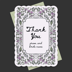 Thank you card design with hand drawn flower frame illustration. perfect for wedding, valentine, mother days, label or cover.