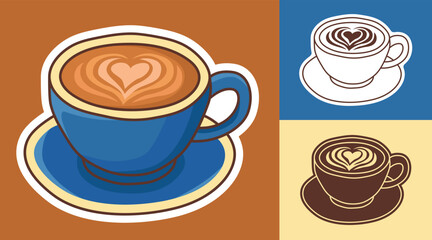 Cartoon coffee cup sticker with latte art design