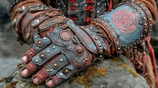 Medieval Leather Armor Gloves  Fantasy Costume  Rustic Texture  Cinematic Lighting  Dark M