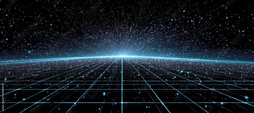 Poster Perspective space with grid and horizon light. Copy space background. 80s retro vintage backdrop. Generative AI technology.