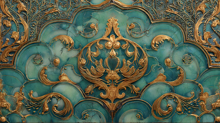 luxury perfume advertisement | mythic beauty | ethereal reverence | antique gold and jade | arched scene layout | jewelry patterns | flowing linear contours | ornamental detailing | theater