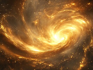 Celestial vortex of golden light and cosmic particles forming a galaxy
