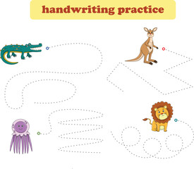 Handwriting Practice. Tracing lines for kids with animals. Vector Illustration