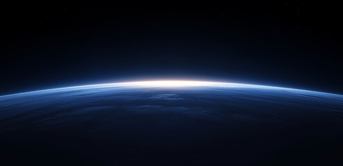 This picture shows the curved edge of a planet with a blue atmosphere standing out in the dark universe, symbolizing mystery and exploration.