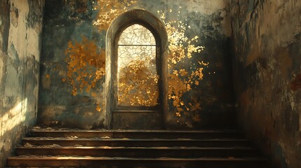 Passage of time in an abandoned temple with golden ivy and aged architecture