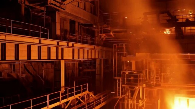 Steel mill interior with molten metal pouring, sparks flying, and industrial machinery