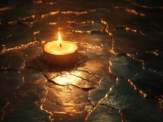 Warm Candlelight Illuminating a Cracked, Textured Surface with Golden Veins
