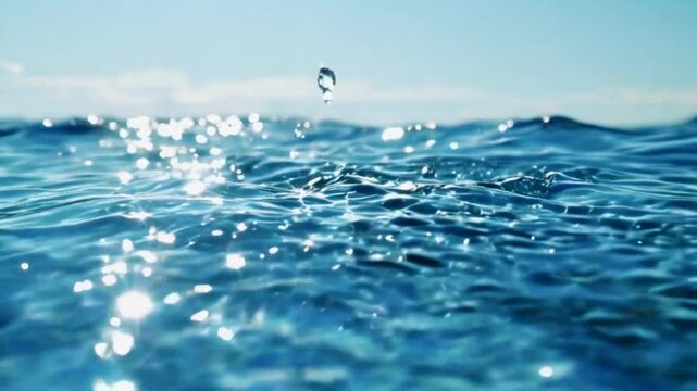 Sparkling water droplets splash and create ripples on a calm blue ocean surface.