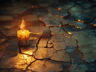 Illuminating hope: Candle burning brightly on cracked earth surface background