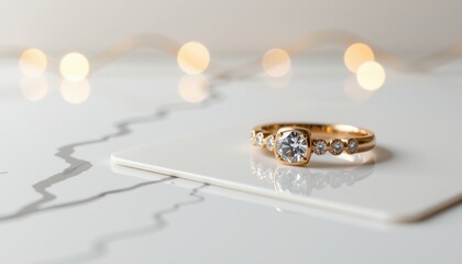 a close up view of a piece of jewelry, specifically a ring with a diamond setting. this ring is placed on top of a white surface, which could be a table or a similar item