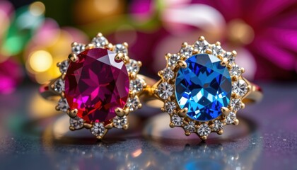 two rings with large gemstones set against each other, placed on what appears to be a textured surface. the gemstones have a vibrant color contrasting with the clear, polished background.