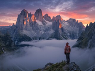 Fototapeta premium Majestic mountain sunrise solo hiker fog valley
