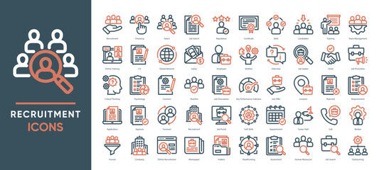 Fototapeta premium Recruitment icons collection set, including job search, hiring process, CV, interviews, and employee management. Perfect for HR, career, and hiring-related design projects.