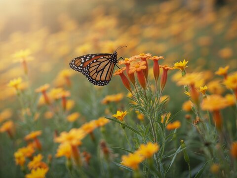 Monarch butterfly on orange flowers golden hour
