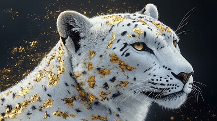 Gilded Majesty: A Snow Leopard Adorned with Golden Fragments against Darkness