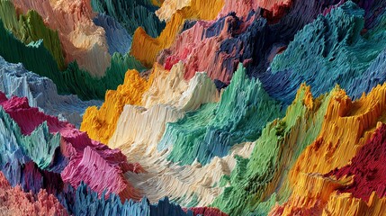 A vibrant tapestry of textured mountains in a dreamscape of playful hues using soft ambient diffused