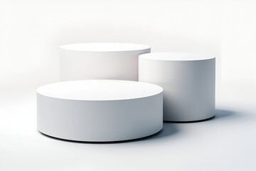 Bright studio setup featuring three white cylindrical podiums of varying heights on a light background, ideal for product presentation.