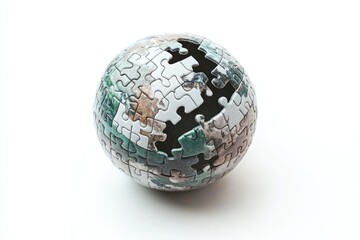 isolated puzzle sphere on white background, last jigsaw piece completing the shape