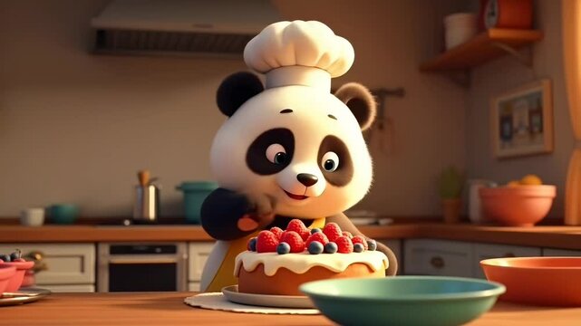 Cute panda chef placing fruit on delicious cake  
