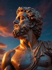 Empowered Greek Icon Amidst Glowing Ruins and Fiery Skies