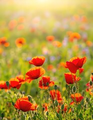 Obraz premium A vibrant field filled with bright red poppy flowers swaying gently in the breeze, surrounded by lush green grass under a clear blue sky.