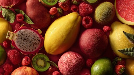A vibrant medley of fresh exotic fruits offering a burst of color and flavor on a red backdrop top