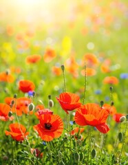 Obraz premium A vibrant field of red poppy flowers sways gently in the breeze, illuminated by warm sunlight, creating a stunning contrast against a clear blue sky.