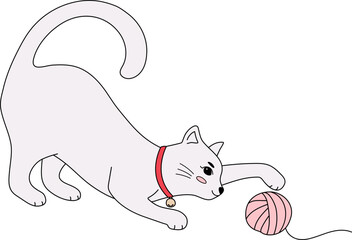 Cute White Cat Play Yarn Handdrawn Outline